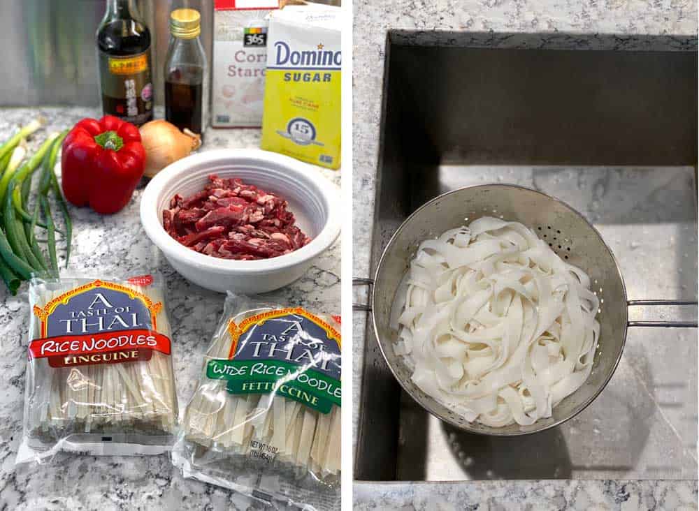 ingredients for making beef chow fun: sliced beef in a bowl, bags of dried rice noodles, a red bell pepper, an onions, some scallions, sugar, corn starch, dark soy sauce and sesame oil, another photo of softened rice noodles draining in a colander over the sink