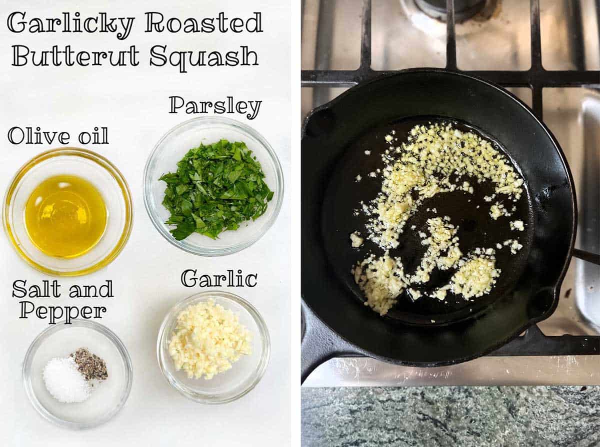 4 small glass bowls filled with, parsley, olive oil, chopped garlic, salt and pepper and a black cast iron skillet with sautéd garlic in olive oil