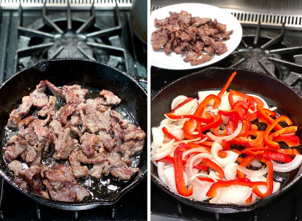 how to make beef chow fun, showing the steak sautéing in a cast iron skillet and then showing the onions and peppers cooking in the skillet with the steak on a plate in the background