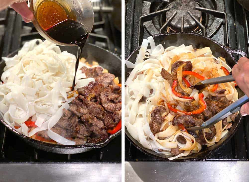 Beef chow fun sauce being poured from above into a skillet with beef, rice noodles, peppers and onions. Next photo shows the mixture being tossed in the skillet using tongs