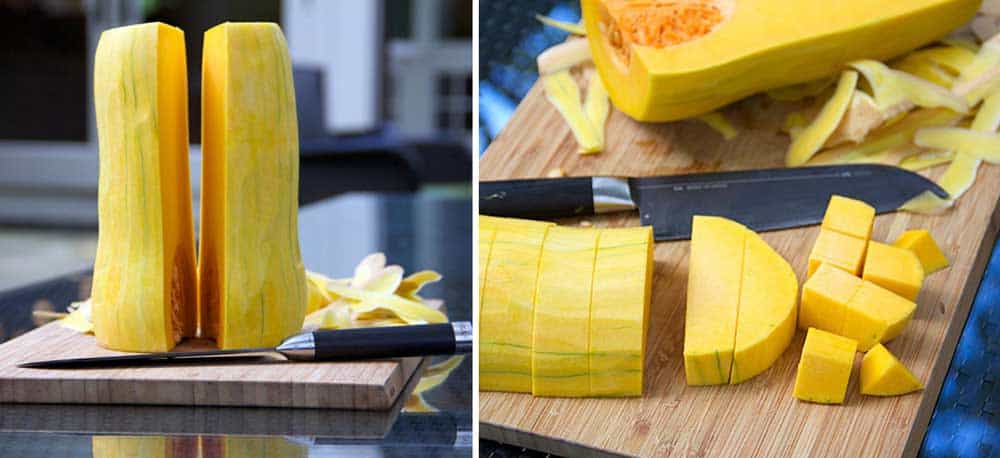 two photos showing how to cut butternut squash, one showing how to stand it up on its sliced end to cut it in half, the other showing how to cube it
