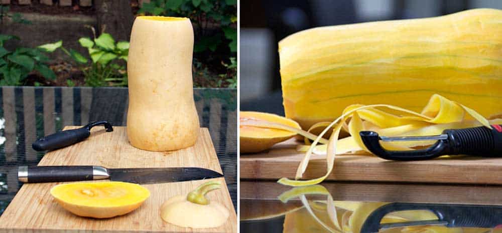 2 photos showing how to prepare butternut squash: a butternut squash with the end sliced off and a vegetable peeler showing how to peel the skin off