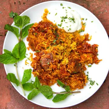 plate with a serving of lamb biryani and a very long windy sprig of mint. A small blob of yogurt raita on the side.