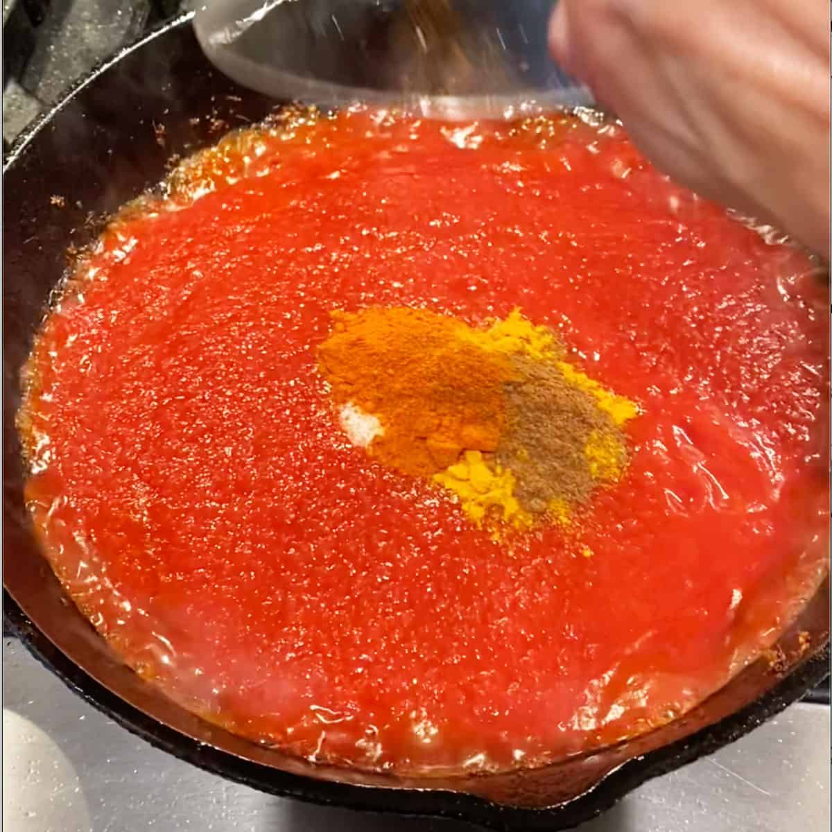 tomato sauce in a cast iron skillet with assorted spices in the center.