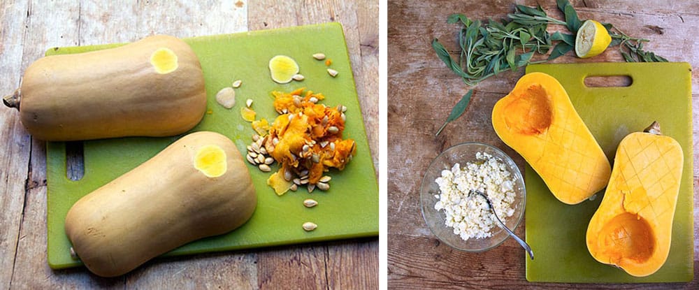 two butternut squash halves with a tiny divet cut out of the bottom for stability, the next photo shows them flesh-side up with seeds scooped out and the flesh scored