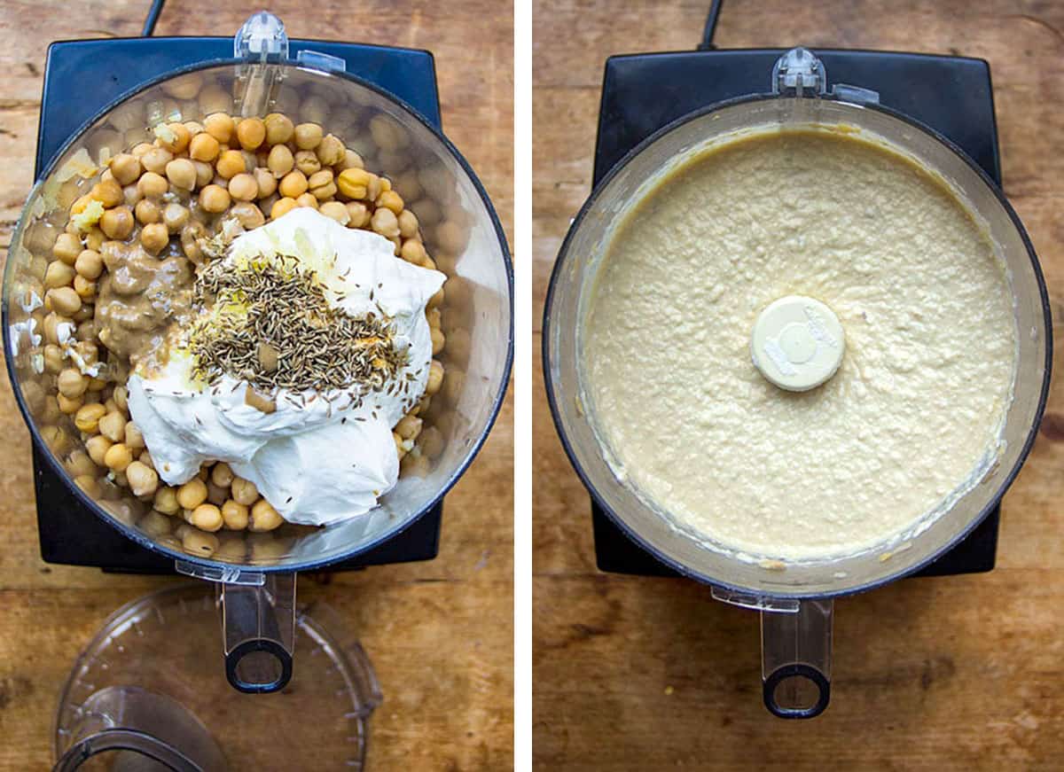 Looking down into the bowl of a food processor, filled with ingredients for Turkish hummus: chickpeas, yogurt and spices. Then a photo of the hummus after it's pureed.