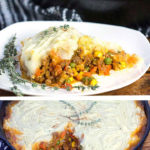 a slice of shepherd's pie on a white plate and a cast iron skillet filled with shepherd's pie that has a slice cut out of it.