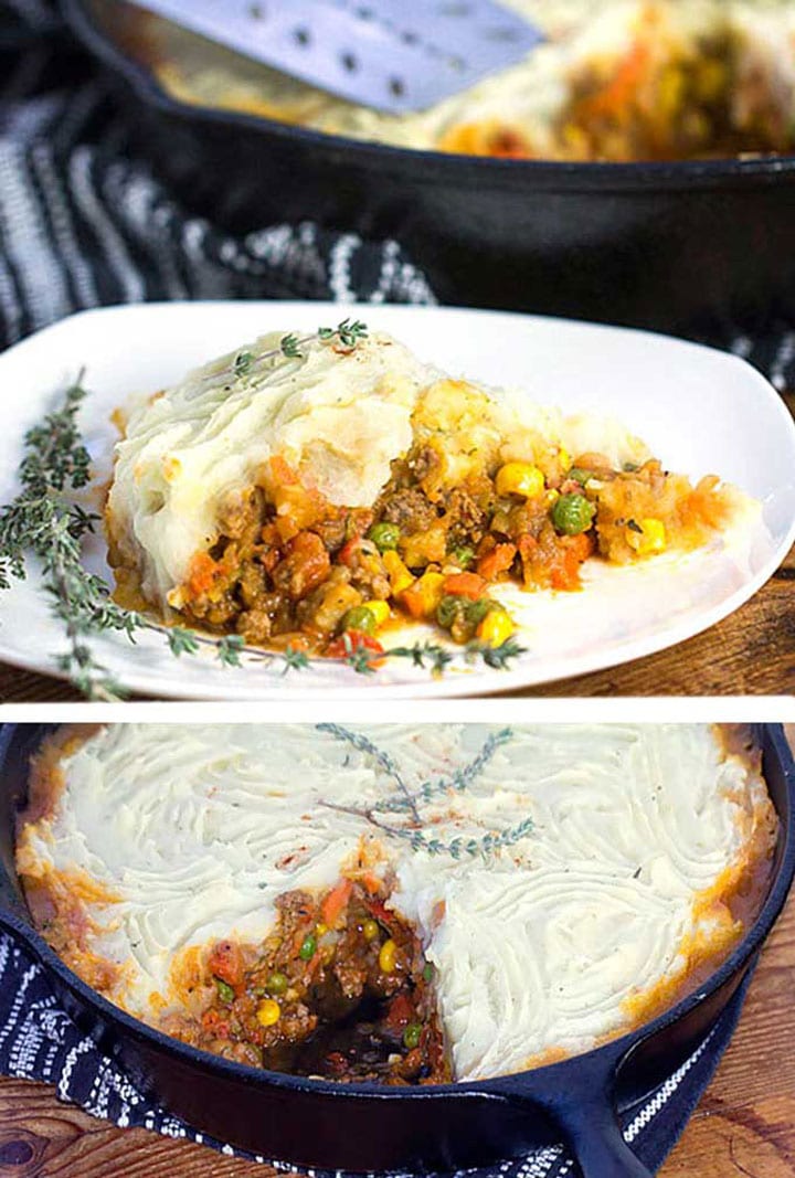 a slice of shepherd's pie on a white plate and a cast iron skillet filled with shepherd's pie that has a slice cut out of it.