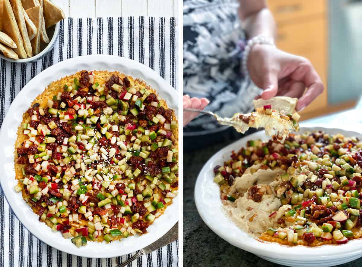 Turkish layered hummus in a round pie pan and a shot of someone scooping some hummus onto a pita triangle