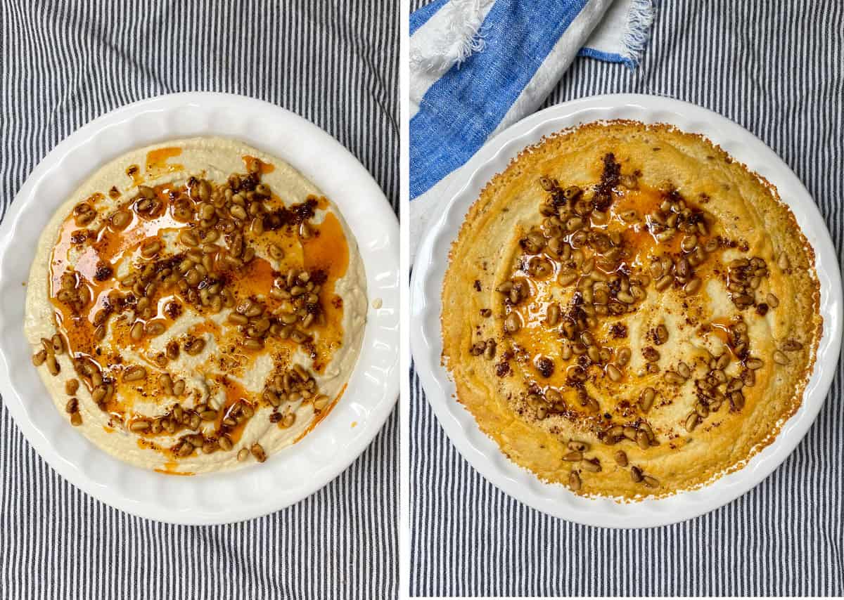 Turkish layered hummus topped with pine nuts and spiced butter, before and after baking