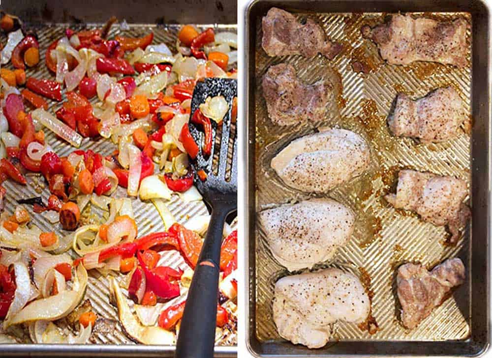 a baking tray of roasted peppers, carrots and onions, and a roasted tray with boneless chicken breasts and thighs