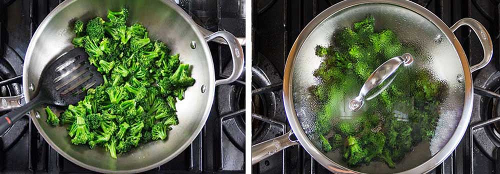 Two overhead photos of a wok, one of broccoli florets being stir-fried, the other - a clear glass cover is on the wok so the broccoli can steam