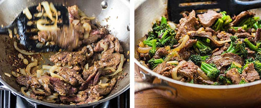 2 picture of a wok, one with beef that's being stir-fried, the next with beef and broccoli