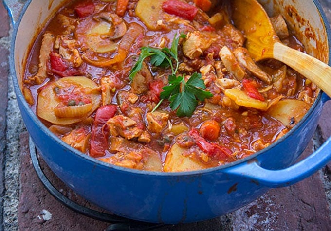 Chicken Cacciatore with Roasted Vegetables and Potatoes by Panning The Globe