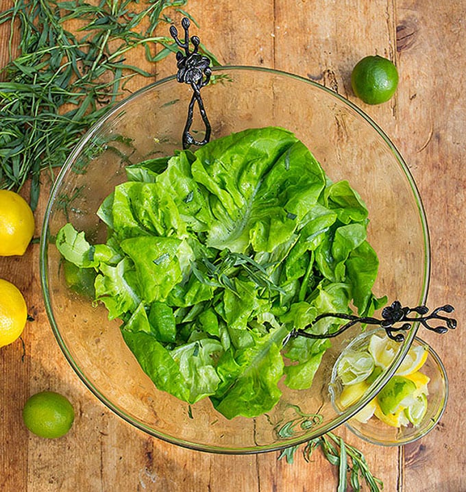 glass bowl with butter lettuce salad, surrounded by limes, tarragon sprigs and lemons