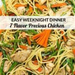 pinterest pin: spaghetti noodles with shedded pea pods, carrots and piece of chicken