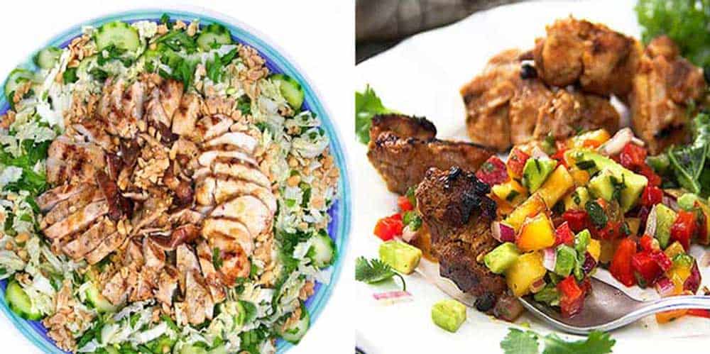 Asian cabbage salad with grilled chicken and shiitake mushrooms on a large round plate and a plate of bite-sized pieces of Mexican spiced grilled chicken with nectarine salsa