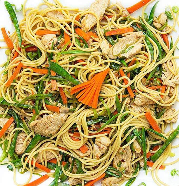 Chicken and vegetable stir fry with noodles