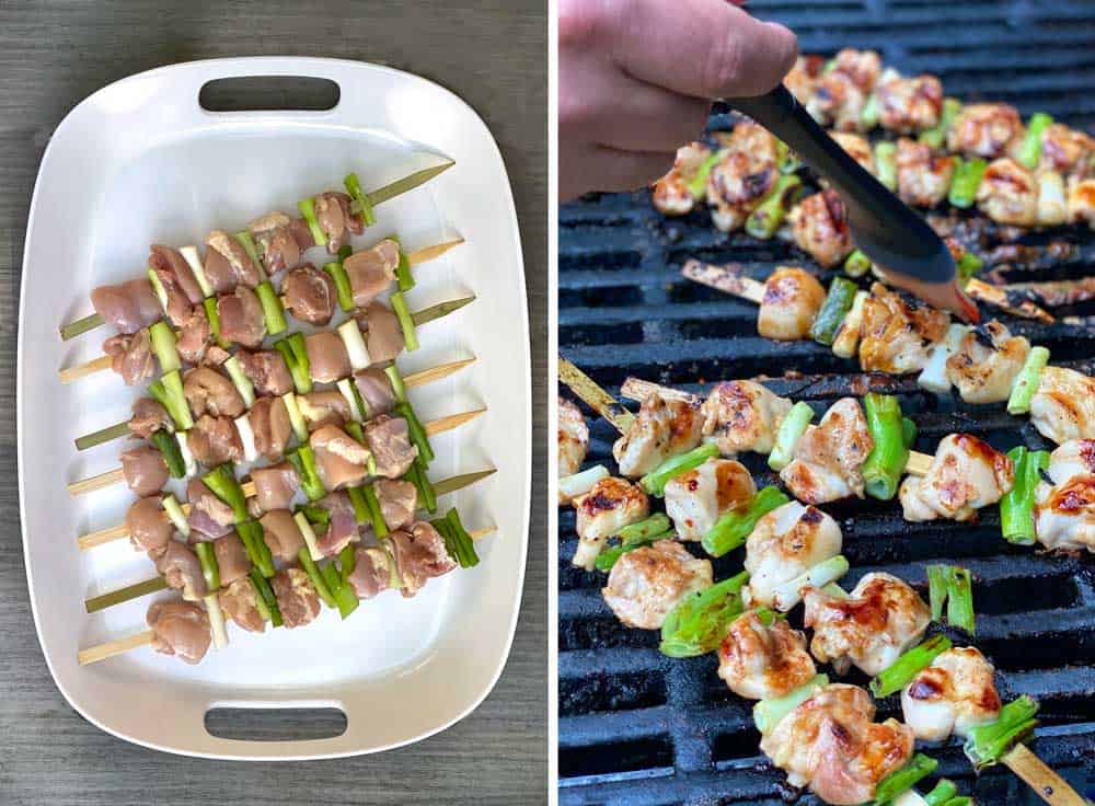 7 uncooked skewers of yakitori chicken and scallions on a white tray, next shot shows the skewers cooking on the barbecue grill