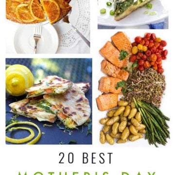 collage of 4 of Panning The Globe's best mother's day brunch recipes: orange vanilla upside down cake, Greek spinach pie, Smoked Salmon quesadillas and salmon nicoise salad