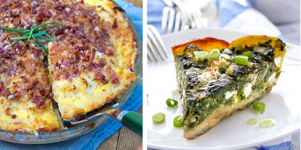 Cauliflower tart with potato crust and spinach pie with potato crust