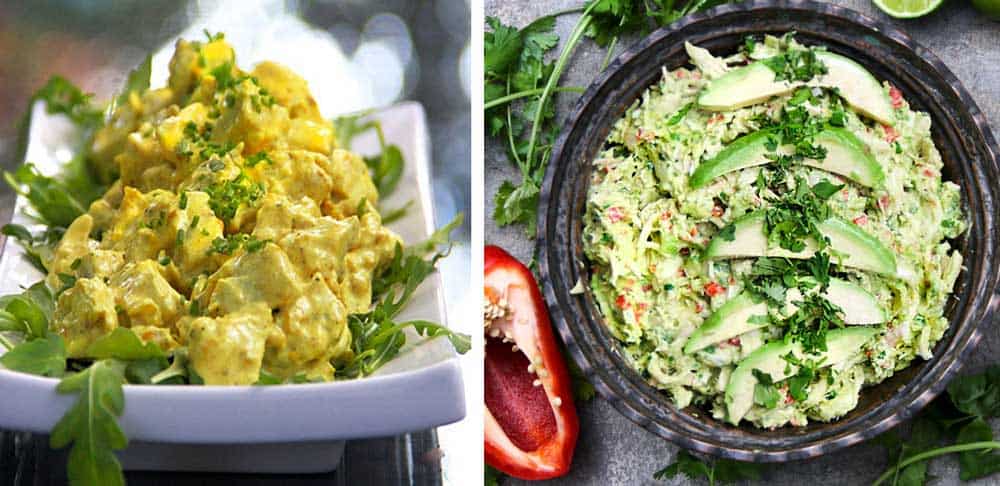 curried chicken salad and avocado chicken salad side by side