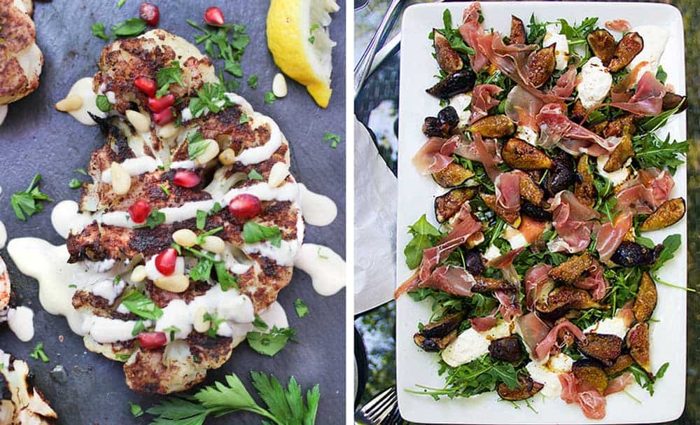 a slice of grilled cauliflower shawarma with tahini sauce, parsley and pomegranate seeds, a platter of grilled figs with prosciutto and burrata