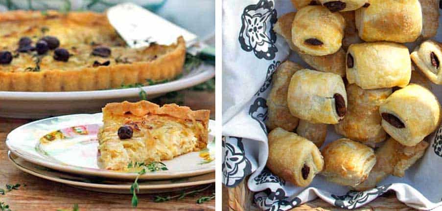 french onion tart and a basket of pain au chocolate