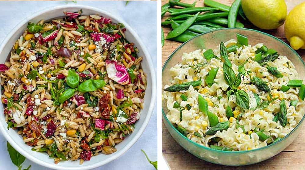 bowl of colorful orzo pasta salad and bowl of pasta with corn and snap peas