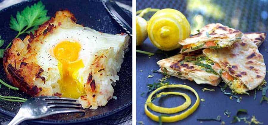 a slice of Swiss Rosti shredded potato casserole with a dripping sunny side egg on top, and 3 slices of smoked salmon quesadillas with a swirl of lemon zest and a lemon