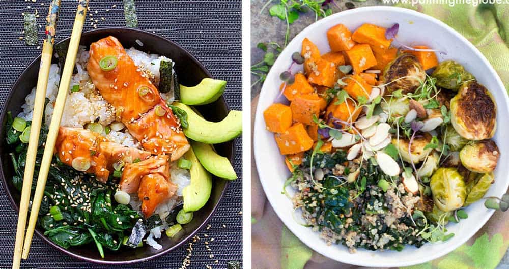 two bowls side by side: teriyaki salmon rice bowl with avocado slices and a buddha bowl with roasted sweet potatoes and brussels sprouts