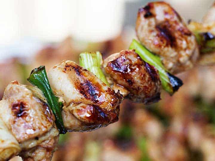 close up of a yakitori chicken skewer with 4 pieces of chicken and 3 scallions