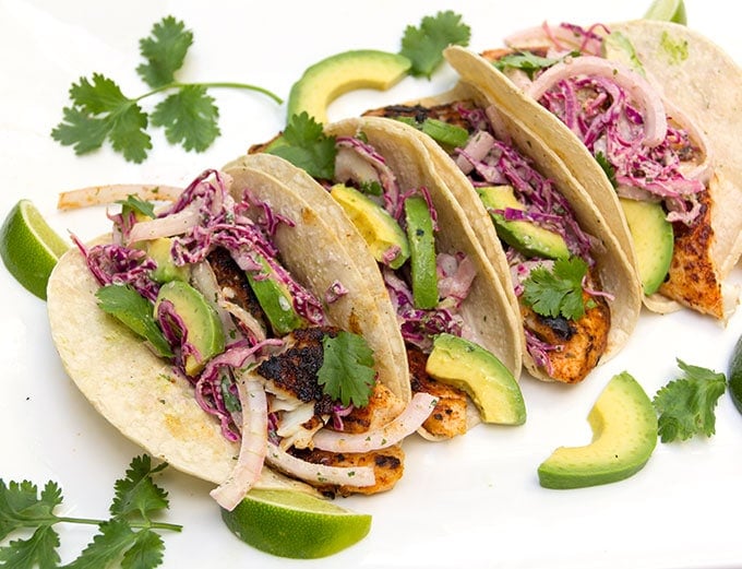 Blackened Fish Tacos with spicy cabbage and onions