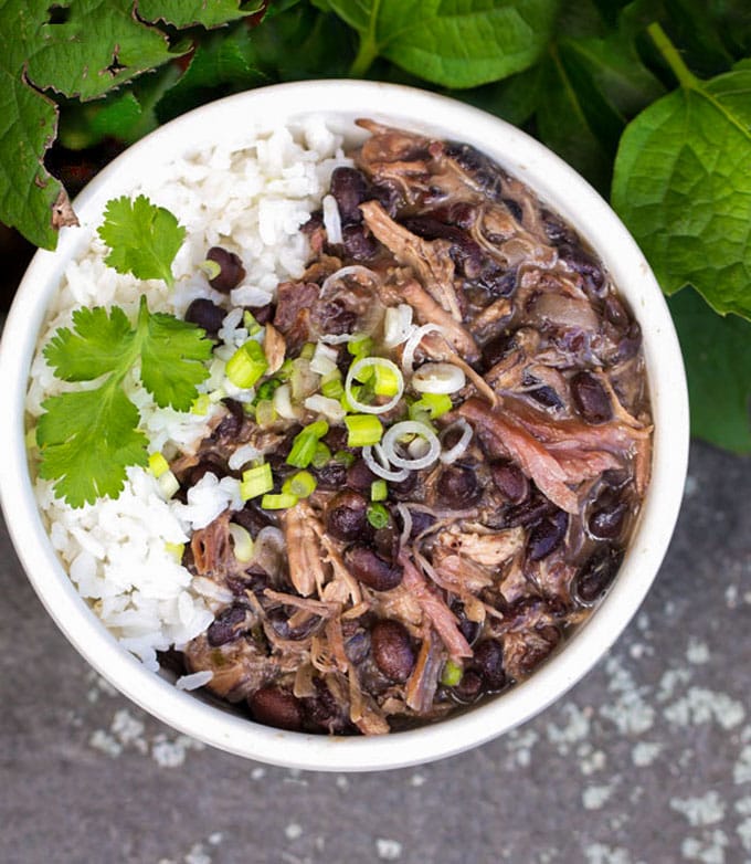 Bowl of Feijoada, Meat and black bean stew, with white rice and topping of sliced scallions and a sprig of cilantro