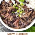 Pinterest pin: a white bowl filled with slow cooker Brazilian feijoada