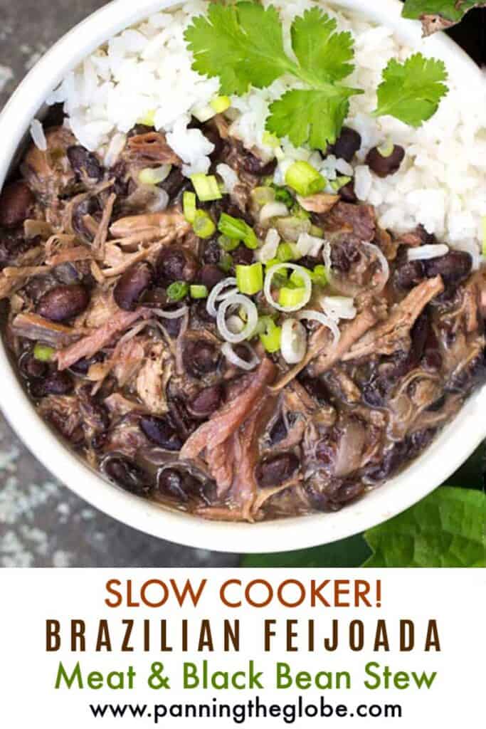 Pinterest pin: a white bowl filled with slow cooker Brazilian feijoada