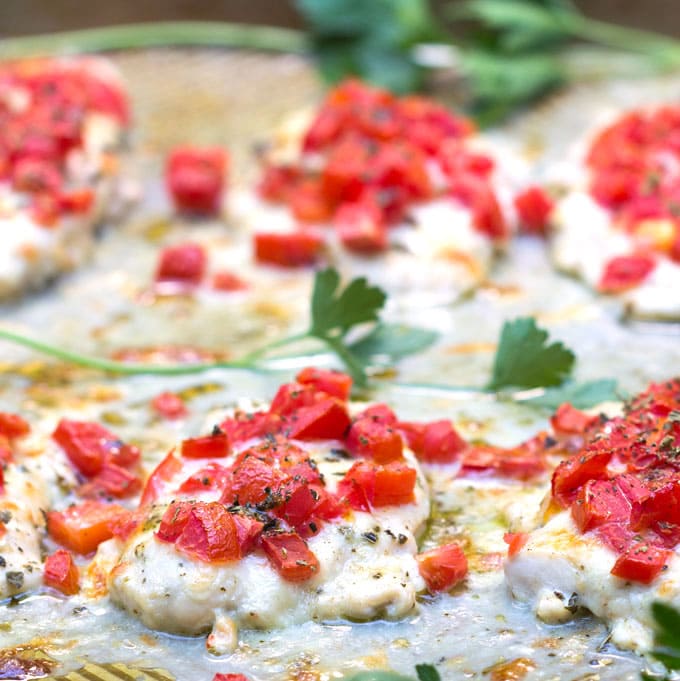 chicken cutlets topped with fresh tomatoes and two cheeses