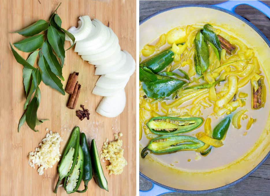 a wooden cutting board topped with spices and aromatics for vegetable curry, then a pot filled with spices, jalapenos and coconut milk
