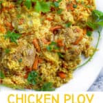 Pinterest Pin: Close up of a platter of Uzbek Chicken Plov