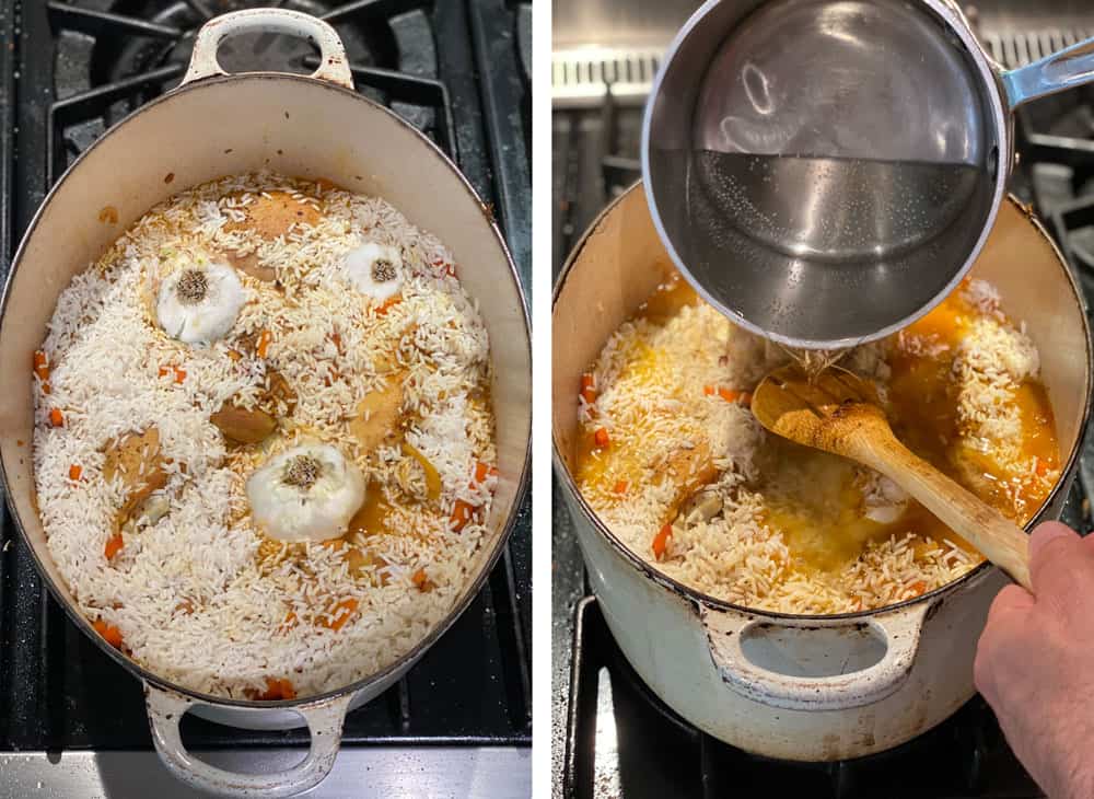 white Dutch oven filled with chicken and rice for plov, with 3 whole garlic bulbs pressed into the rice layer and a shot that shows how to pour boiling water over a wooden spoon, into the pot of chicken and rice 