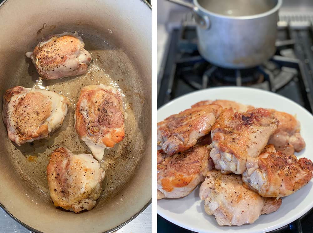 Showing how to make chicken plov, starting with browning bone-in, skinless chicken thighs in a white Dutch oven, 4 at a time, and setting them on a plate