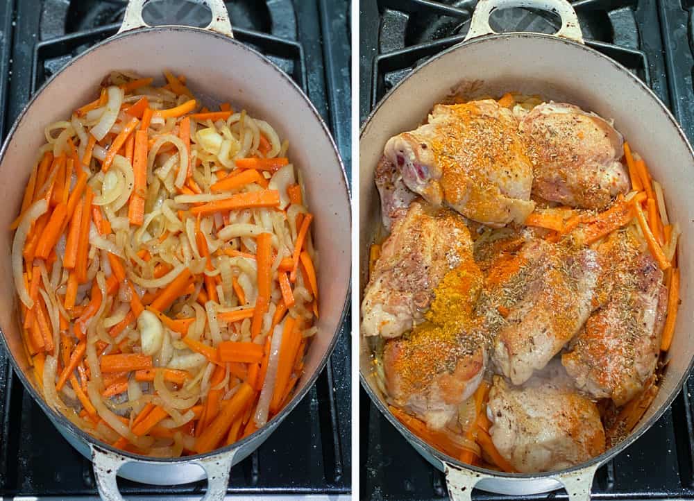 an oval dutch oven filled with sautéed shredded carrots and onions and another photo where 7 pieces of browned chicken and spices are put on top of the veggies 