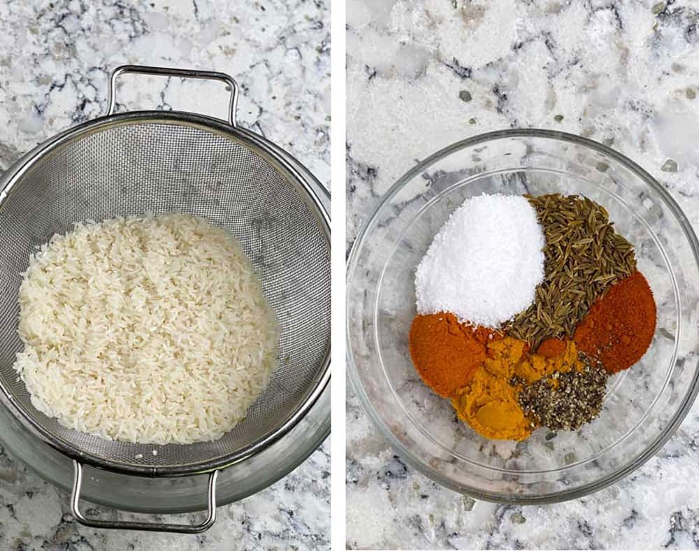 A mesh colander filled with rice and a glass bowl with assorted spices 