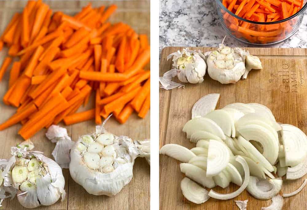 a pile of matchstick cut carrots on a wooden cutting board with two heads of garlic that have the tops sliced off, then another photo showing the same cutting board with the addition of sliced onions