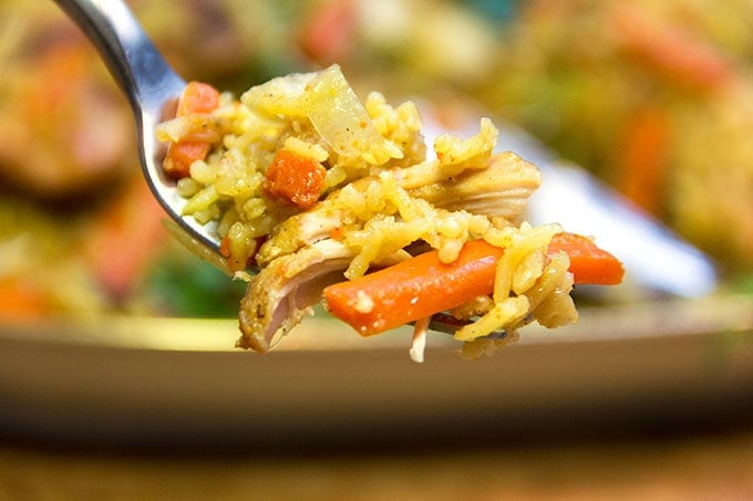 Chicken Plov: a casserole of chicken, rice and vegetables.