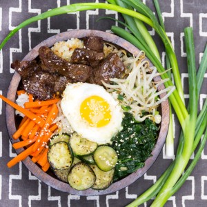 Bibimbap • Korean rice bowl with marinated beef, assorted vegetables, fried egg, spicy sauce • Panning The Globe
