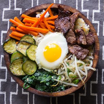Bibimbap • Korean rice bowl with marinated beef, vegetables and a fried egg • Panning The Globe
