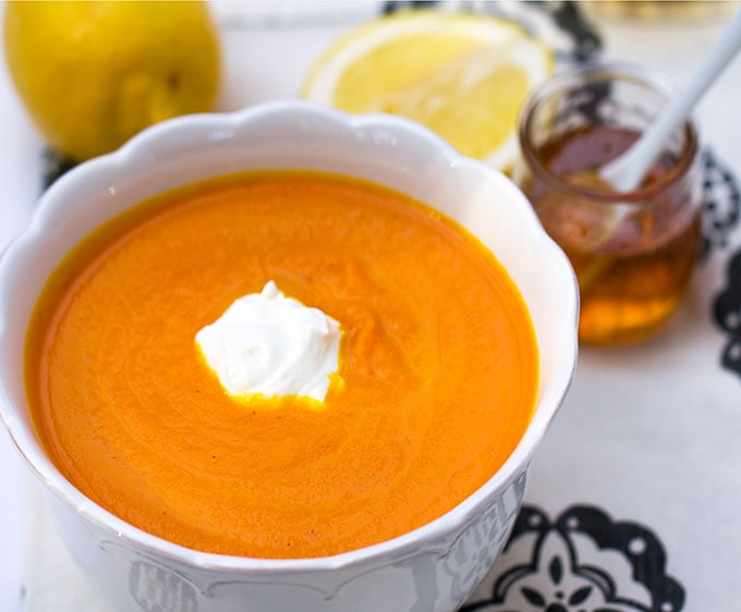 Moroccan Carrot Soup with Lemon Honey Yogurt | Panning The Globe
