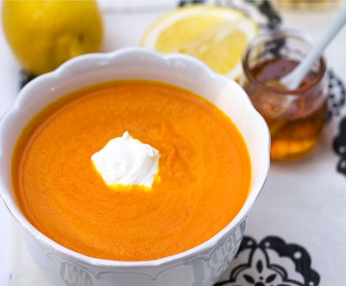 Moroccan Carrot Soup with Lemon Honey Yogurt | Panning The Globe Moroccan Carrot Soup with Lemon Honey Yogurt | Panning The Globe