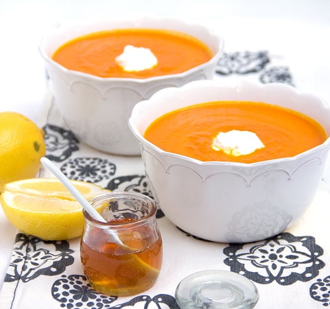 Moroccan Carrot Soup with Lemon Honey Yogurt | Panning The Globe